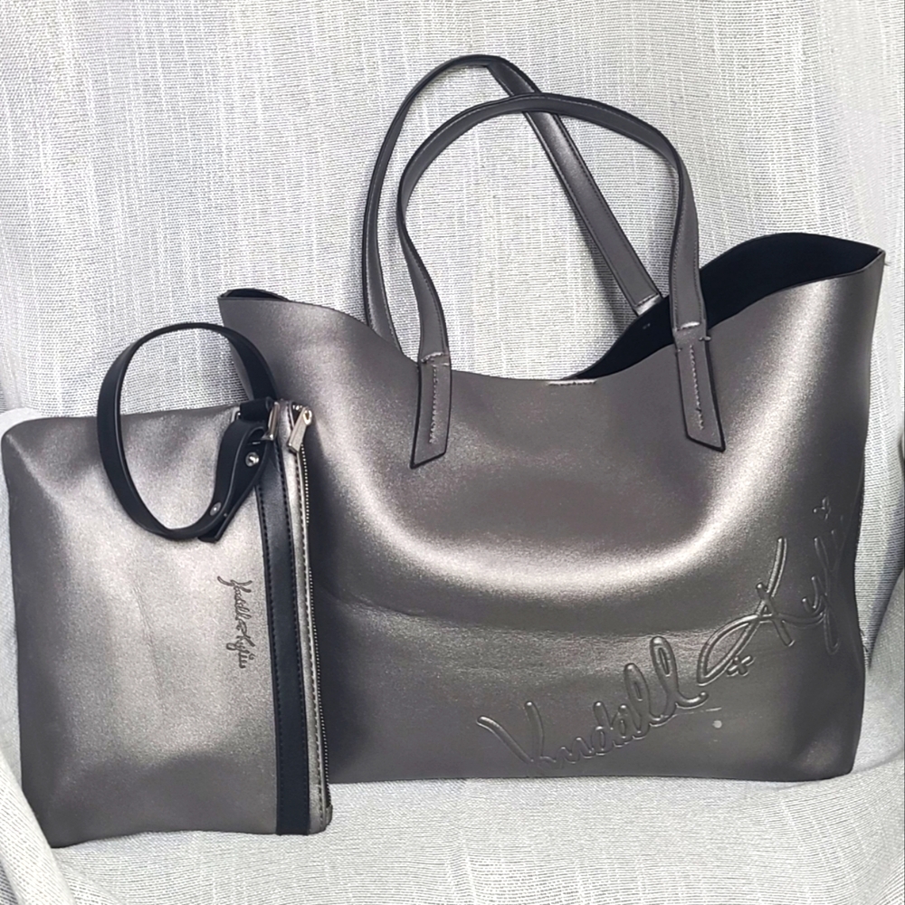 Kendall+Kylie Silver Shimmer Bucket Tote w/Wristlet